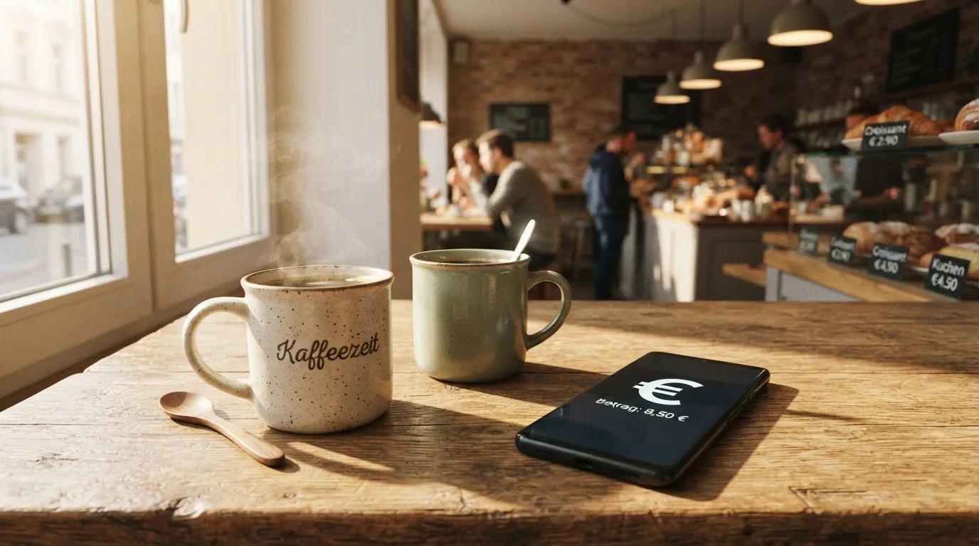 Zwei Kaffeetassen und ein dunkles Smartphone stehen auf einem Café-Tisch am Fenster im Morgenlicht.