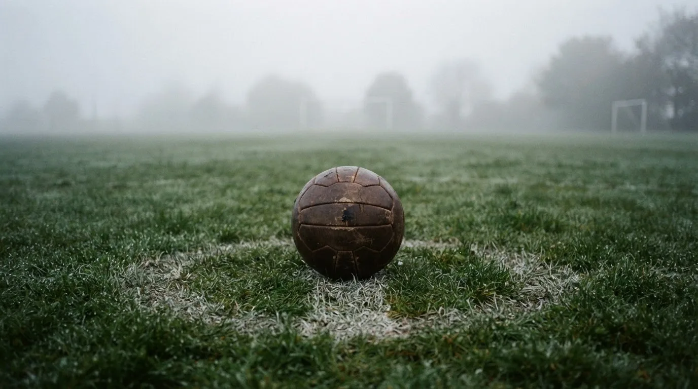Ein abgewetzter Fußball liegt auf dem Anstoßkreis eines Naturrasens im Morgennebel.