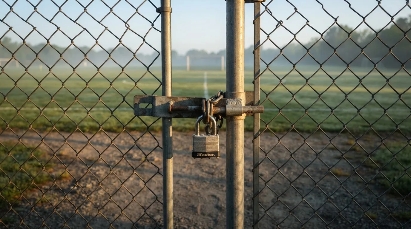 Ein geschlossenes Tor an einem Zaun mit Vorhängeschloss im Morgenlicht, dahinter ein einfacher Sportplatz.