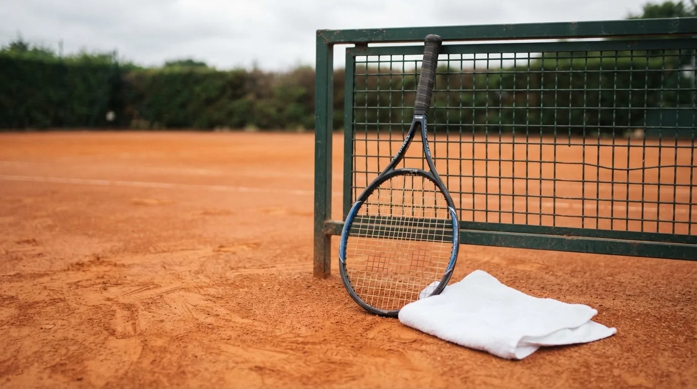 Ein Tennisschläger lehnt an einer dunkelgrünen Bande ohne Aufschrift auf einem Sandplatz, daneben liegt ein Handtuch.
