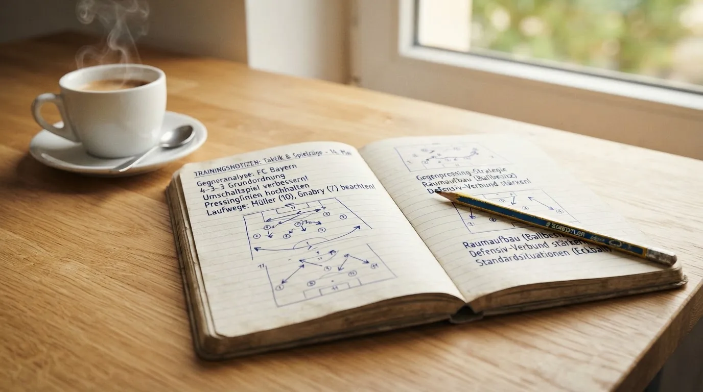 Ein aufgeschlagenes Notizbuch mit handschriftlichen Skizzen liegt neben einem Bleistift auf einem Holztisch, daneben eine Tasse Kaffee.