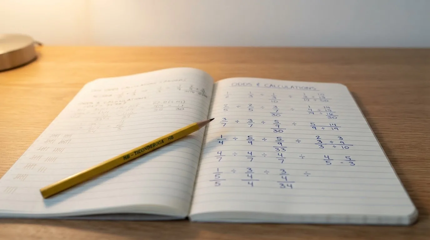 Ein Taschenrechner und ein Bleistift liegen auf einem Schreibtisch neben einem aufgeschlagenen Notizbuch mit handschriftlichen Zahlenreihen.