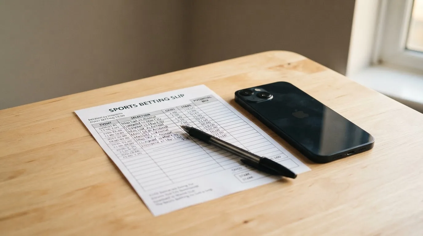 Ein leerer Papier-Wettschein liegt neben einem Smartphone mit dunklem Display auf einer hellen Tischplatte, daneben ein Kugelschreiber.