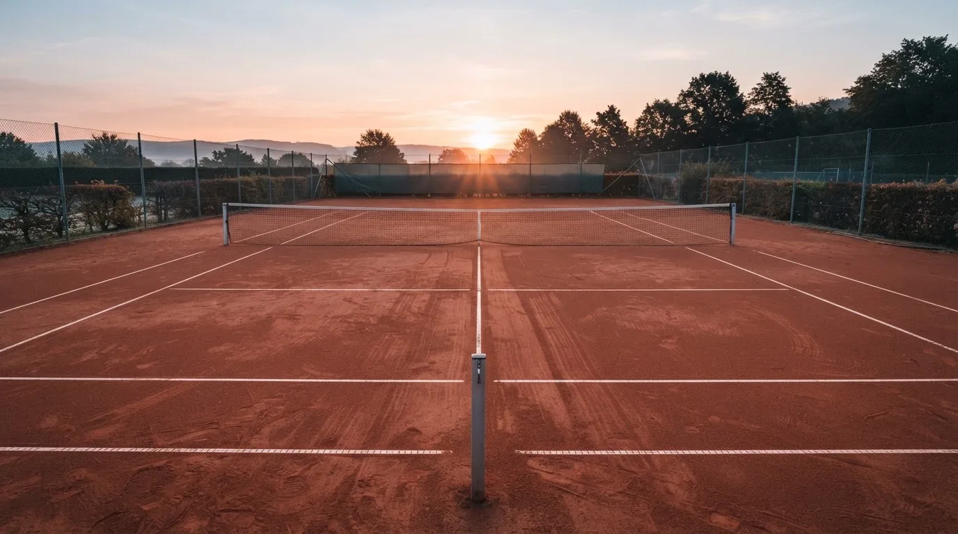 Ein Tennisplatz bei Sonnenaufgang, Netz und Grundlinien im weichen Licht, niemand ist zu sehen.