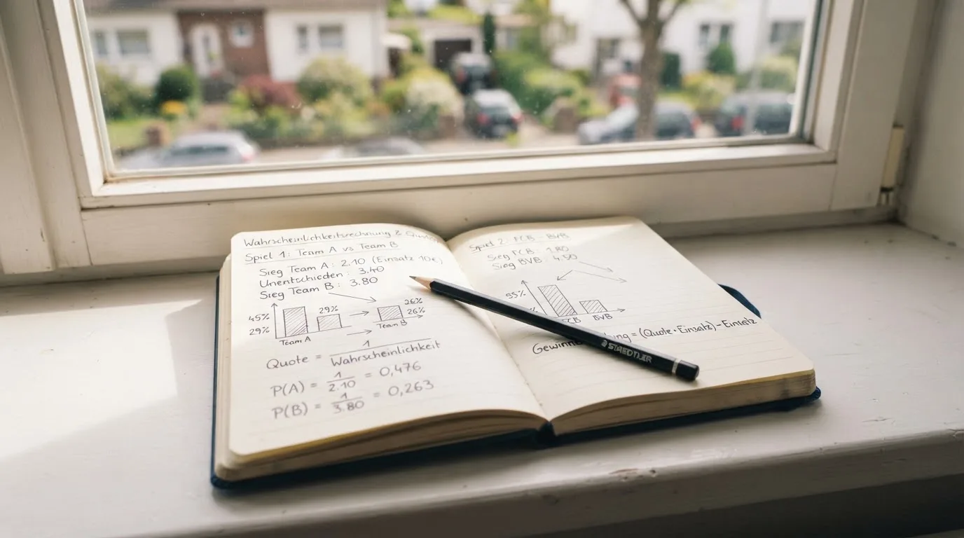 Ein aufgeschlagenes Notizbuch mit handschriftlichen Skizzen und ein Bleistift liegen auf einer Fensterbank im Tageslicht.