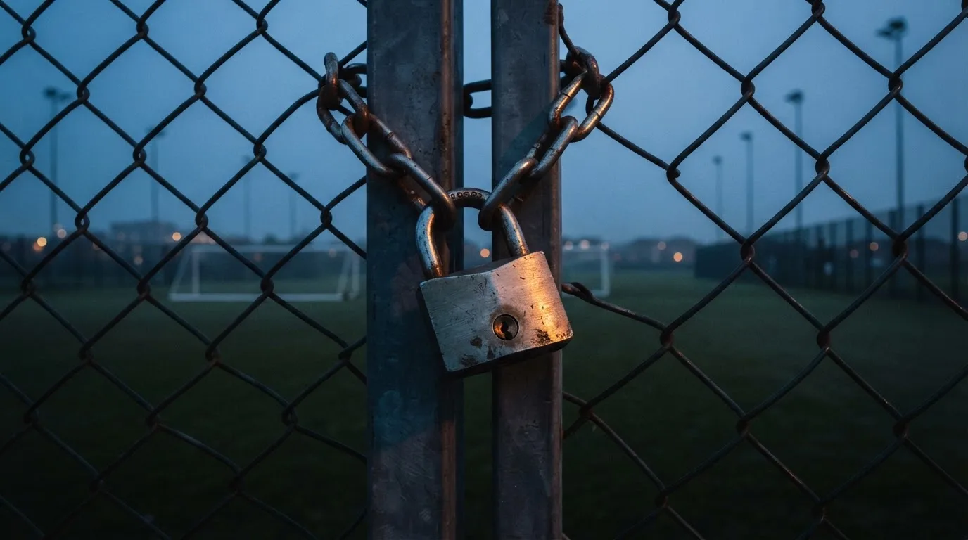 Ein Vorhängeschloss hängt an einem Metalltor, dahinter ein unscharfer Fußballplatz in der Dämmerung.
