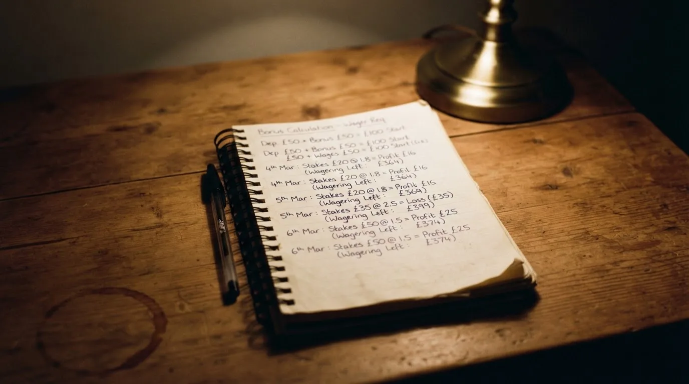 Ein Taschenrechner und ein Notizbuch mit handschriftlichen Zahlenreihen liegen auf einem Schreibtisch unter einer Lampe.