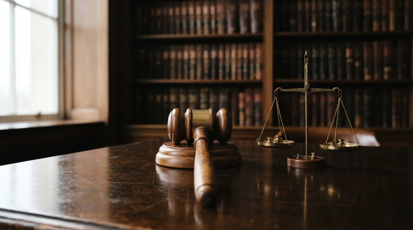 Ein Richterhammer aus Holz liegt auf einer polierten Tischplatte neben einer Messingwaage, im Hintergrund ein verschwommenes Bücherregal.