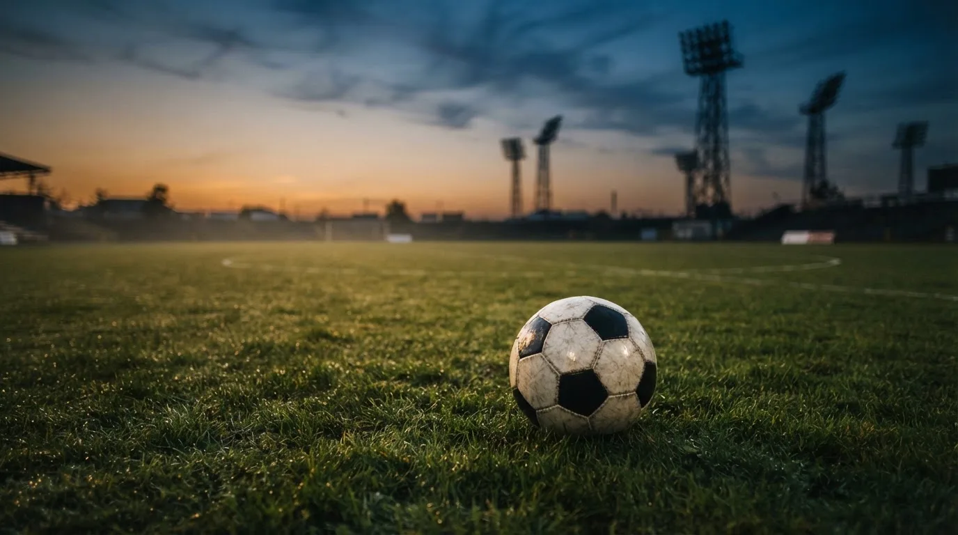 Ein Fußball liegt im Gras eines leeren Platzes, im Hintergrund stehen Flutlichtmasten in der Dämmerung.
