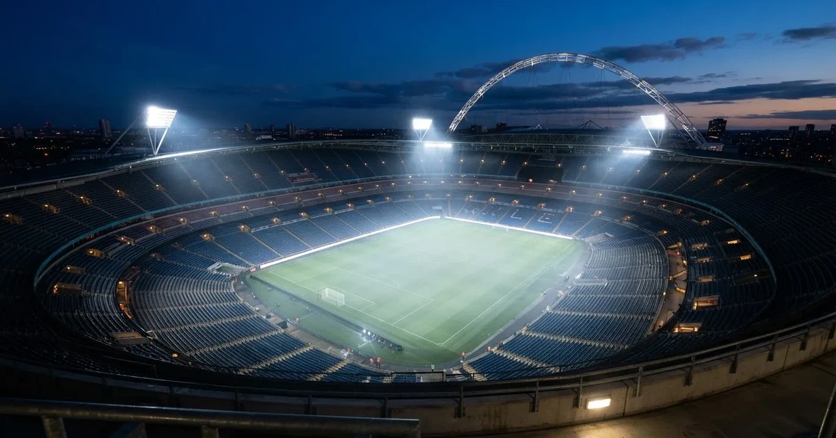 Ein leeres Stadion unter Flutlicht aus großer Entfernung gesehen, Dunst liegt über dem Rasen, die Tribünen sind nur als Lichtpunkte erkennbar.