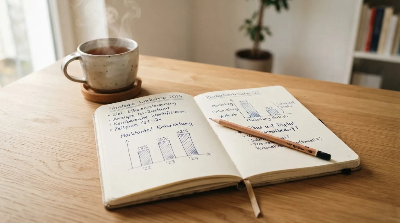 Ein aufgeschlagenes Notizbuch mit handschriftlichen Skizzen und ein Bleistift liegen auf einem Schreibtisch neben einer Tasse Tee.