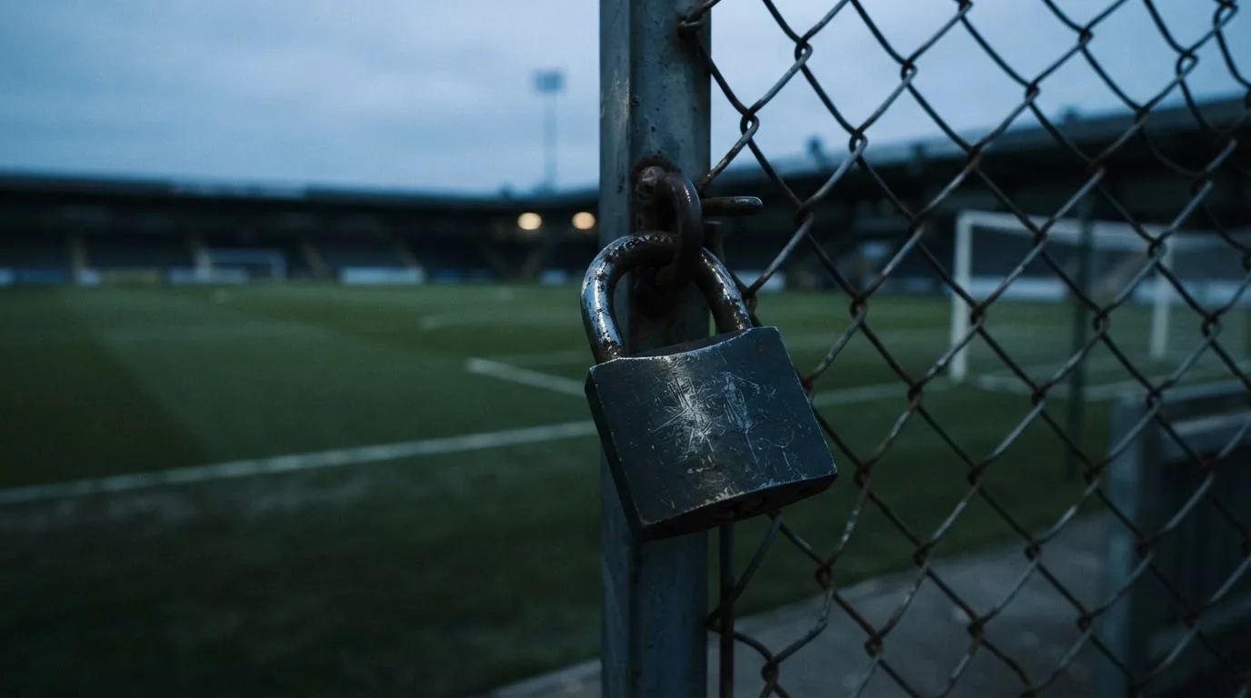 Ein Vorhängeschloss hängt an einem Metalltor in der Dämmerung, im Hintergrund unscharf ein leerer Fußballplatz.