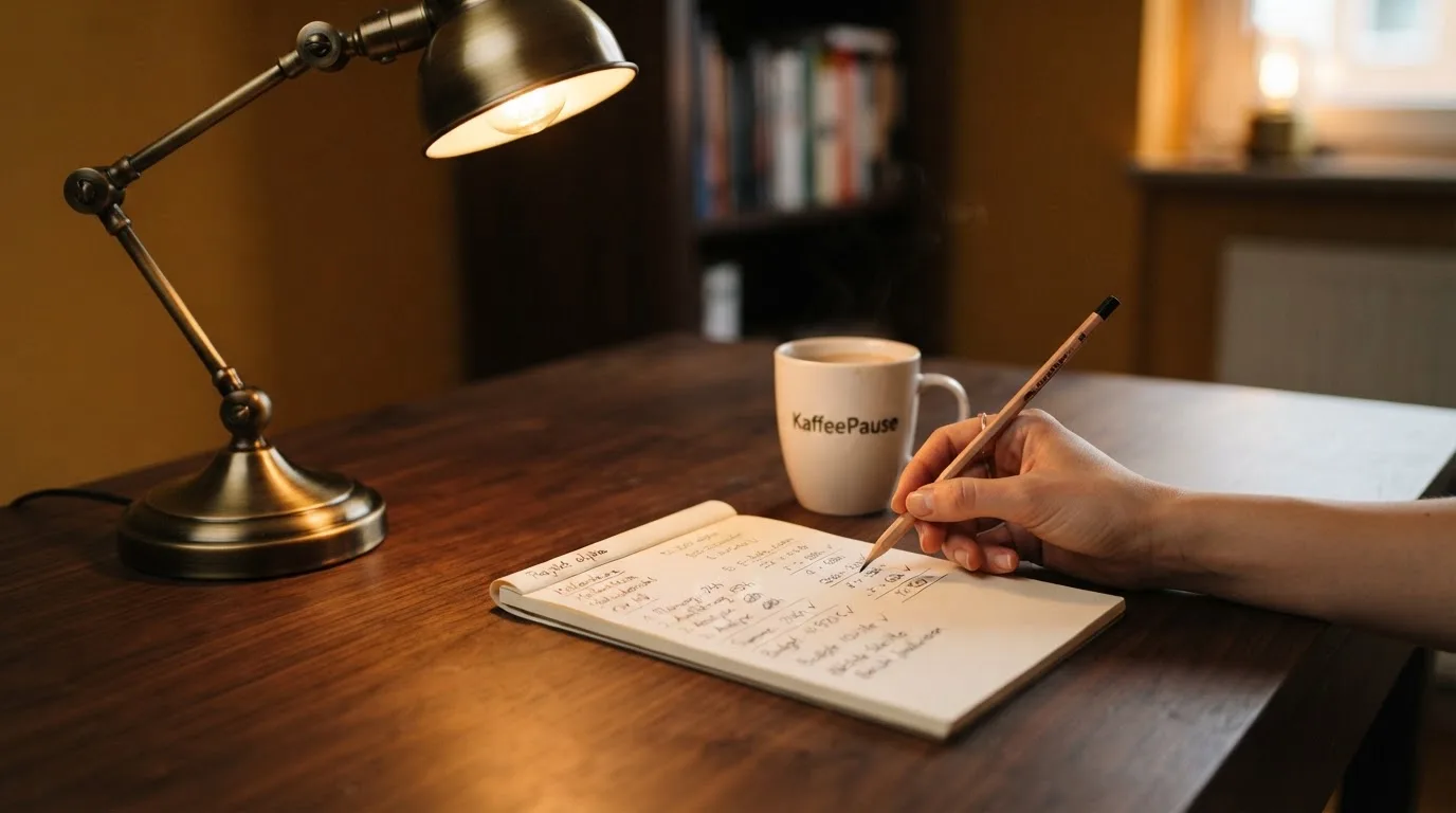 Ein Taschenrechner und ein Bleistift liegen auf einem Schreibtisch neben einer Tasse Kaffee im Licht einer Lampe.