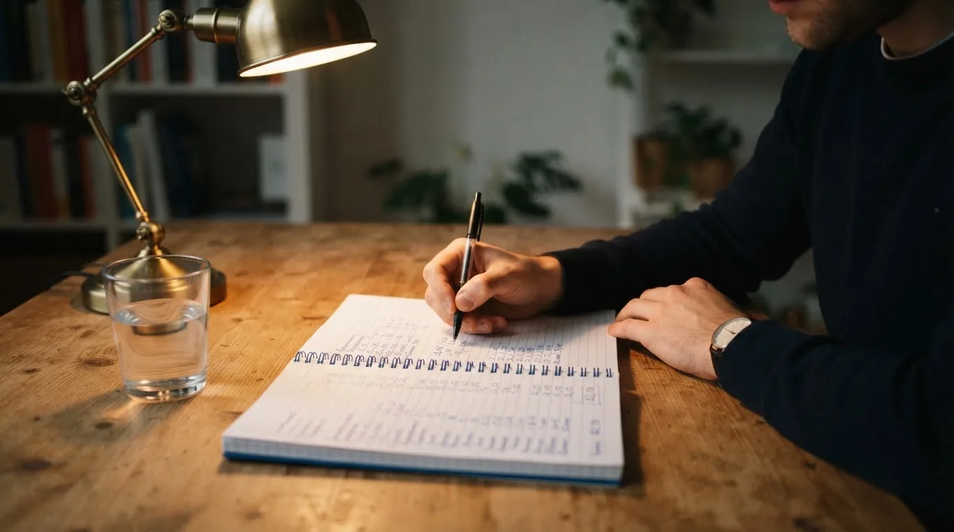 Ein Taschenrechner und ein aufgeschlagenes Notizbuch mit handschriftlichen Zahlenreihen liegen unter einer Schreibtischlampe.
