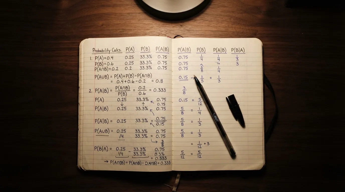 Ein Taschenrechner und ein aufgeschlagenes Notizbuch mit handschriftlichen Zahlenreihen liegen unter einer Schreibtischlampe.