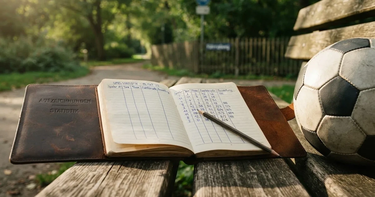 Ein Notizbuch mit handschriftlichen Zahlenkolonnen und ein Bleistift liegen neben einem Fußball auf einer Holzbank.
