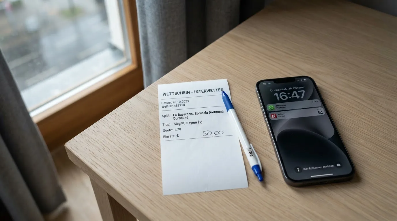 Ein leerer Papier-Wettschein und ein Kugelschreiber liegen neben einem Smartphone mit dunklem Display auf einem Tisch am Fenster.
