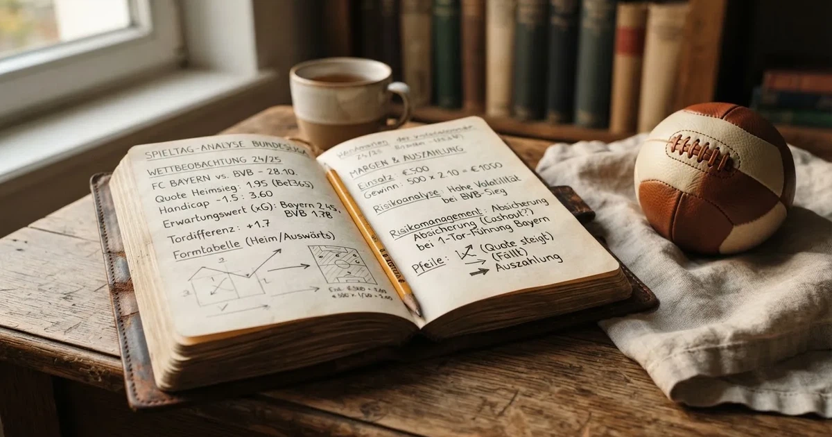 Ein Notizbuch mit handschriftlichen Notizen und einem Bleistift liegt auf einem Holztisch, daneben ein kleiner Fußball im weichen Tageslicht.
