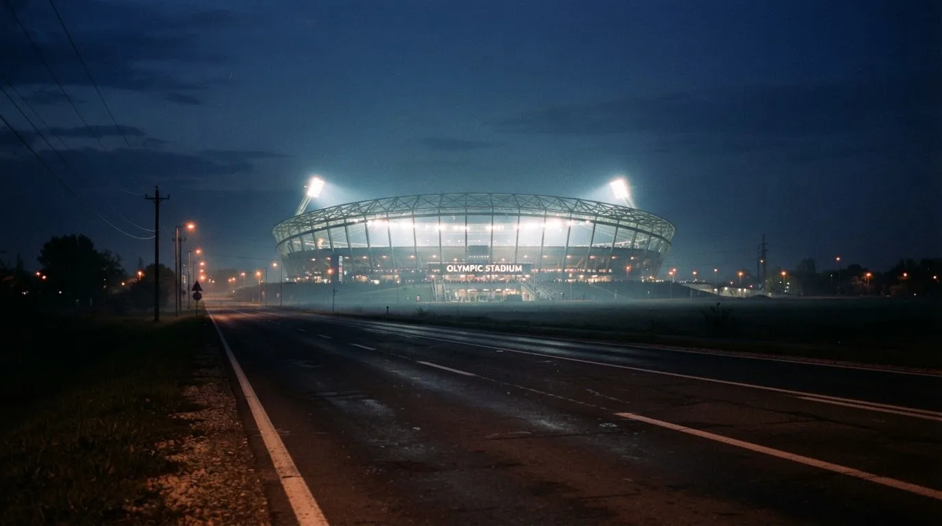 Ein Stadion unter Flutlicht aus der Ferne gesehen, davor eine leere Straße in der Abenddämmerung mit leichtem Dunst.