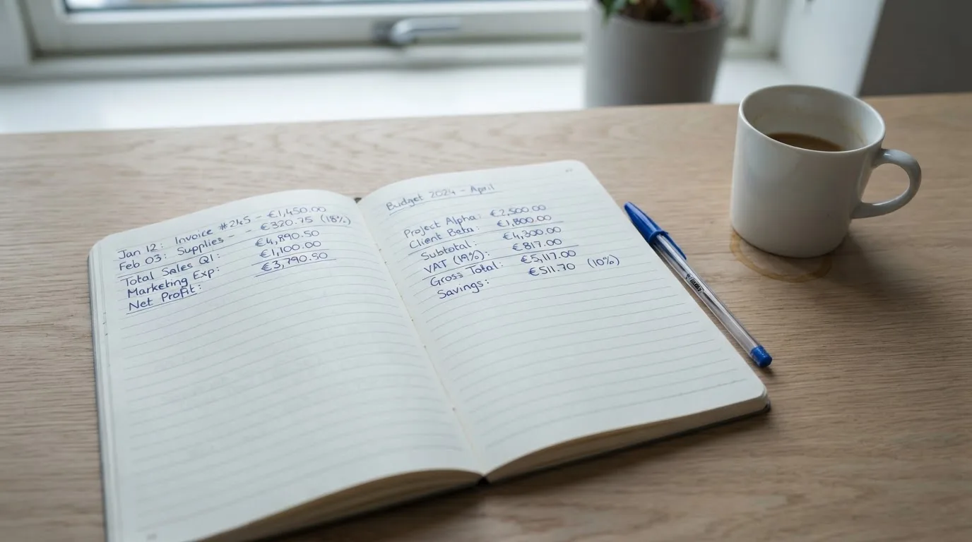 Ein Notizbuch mit handschriftlichen Rechnungen und ein Taschenrechner liegen auf einem hellen Schreibtisch neben einer Kaffeetasse.