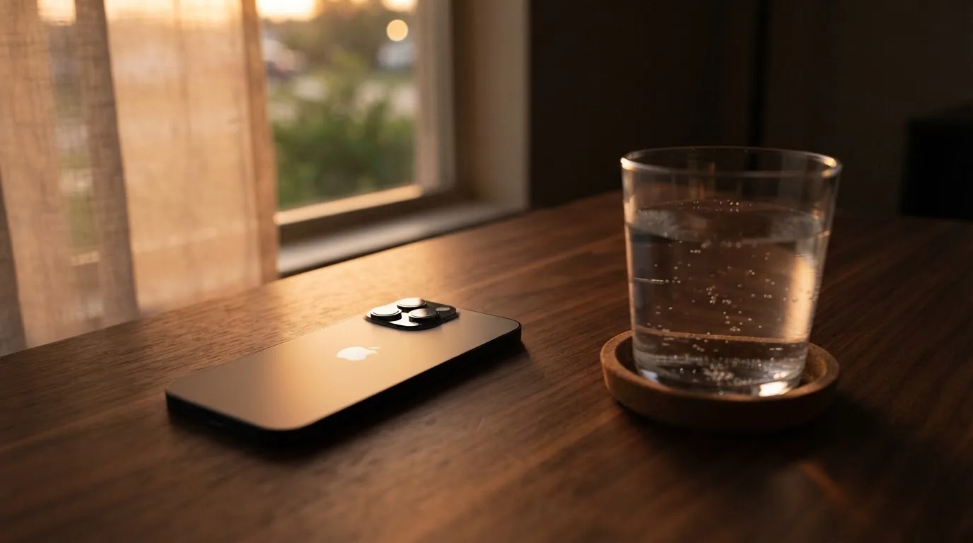 Ein Smartphone liegt mit dem Display nach unten auf einem Holztisch neben einem Glas Wasser, Abendlicht fällt durch ein Fenster.