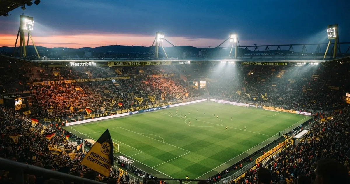 Ein Fußballstadion am Abend unter Flutlicht aus der Ferne gesehen, die Tribünen sind leicht beleuchtet und der Himmel dunkelblau.