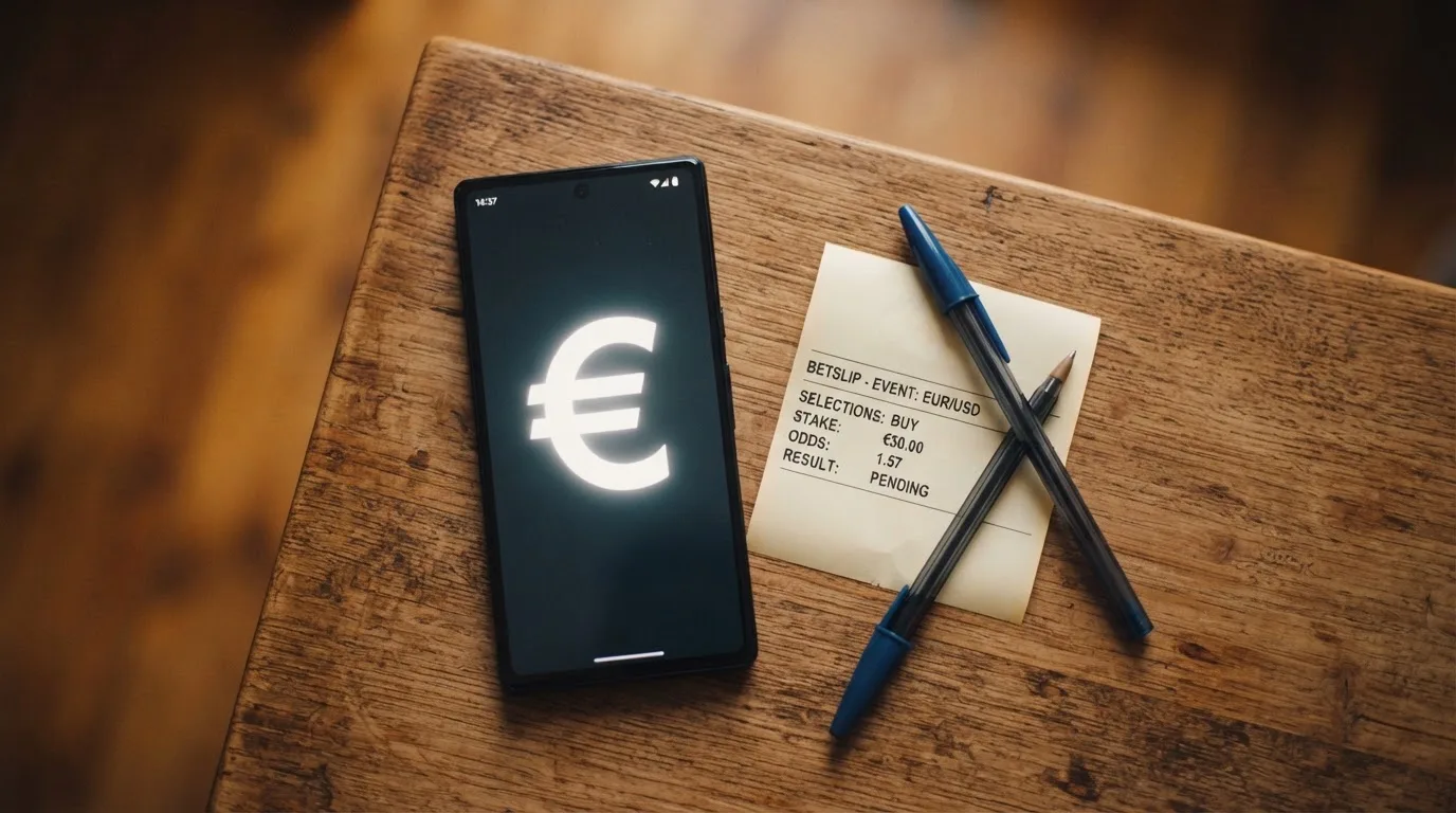 Ein Smartphone mit dunklem Display liegt neben einem leeren Papier-Wettschein und einem Stift auf einem Holztisch.