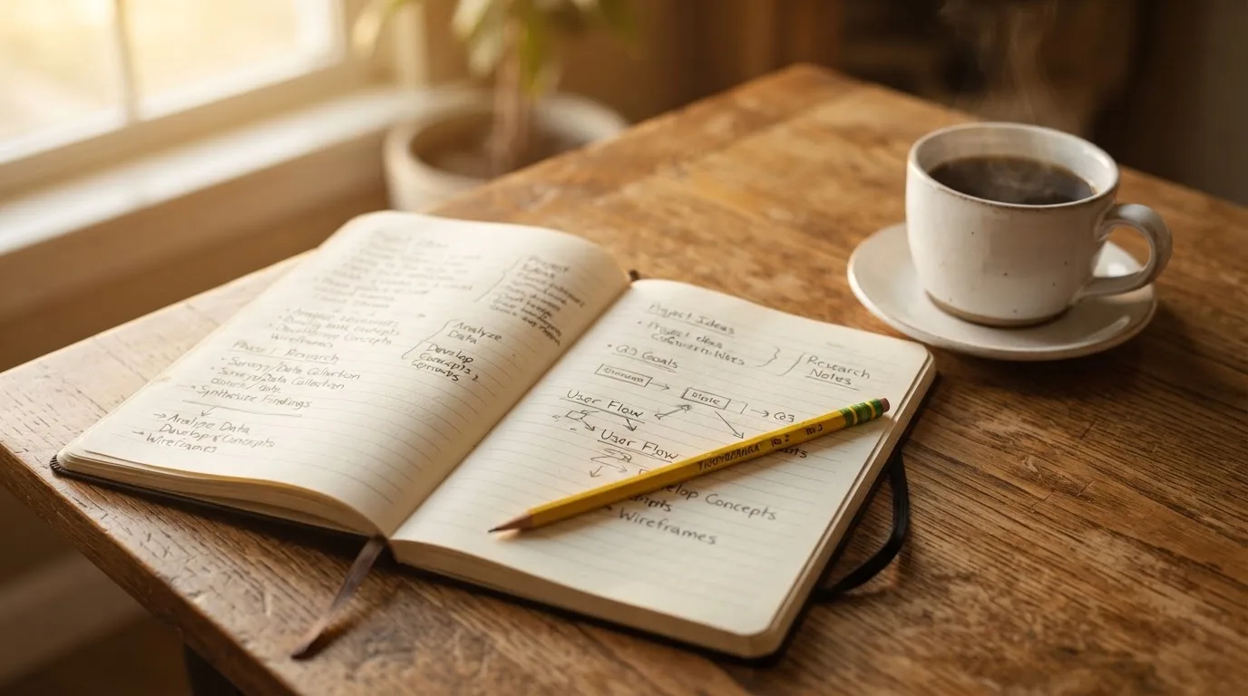 Ein Notizbuch mit handschriftlichen Notizen und einem Bleistift liegt auf einem Tisch, daneben steht eine Kaffeetasse im Morgenlicht.