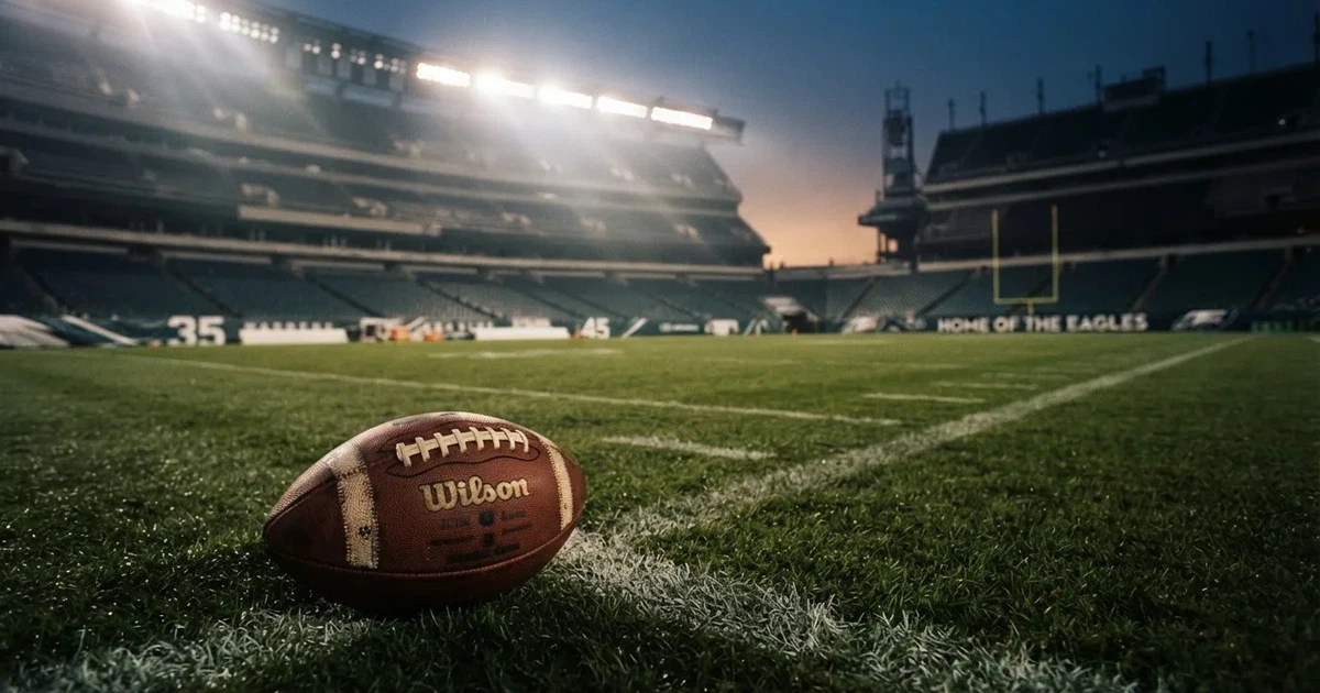 Ein American-Football-Ball liegt auf einem Rasenplatz unter Flutlicht, im Hintergrund eine große Tribüne in der Dämmerung.