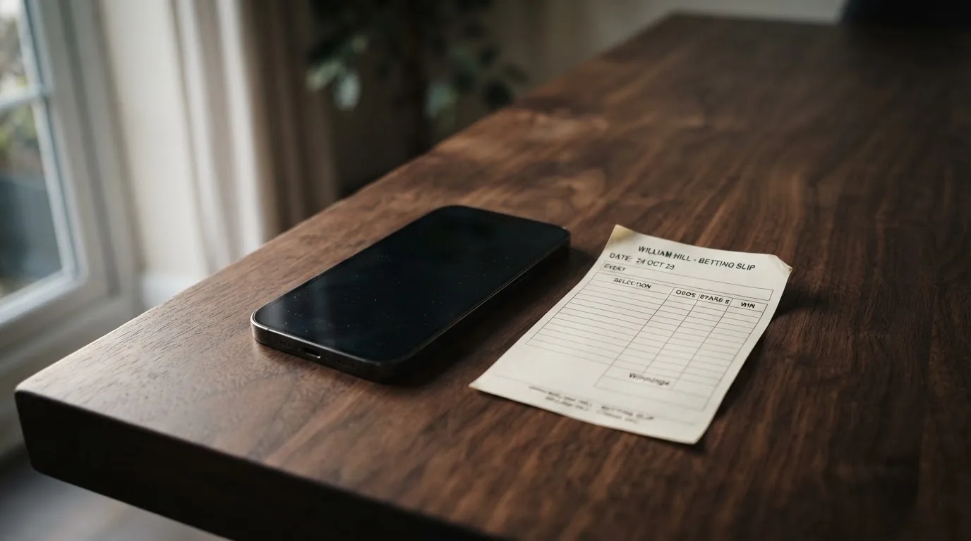 Ein Smartphone liegt mit dunklem Display auf einem Holztisch neben einem leeren Papier-Wettschein, Licht fällt von einem Fenster.
