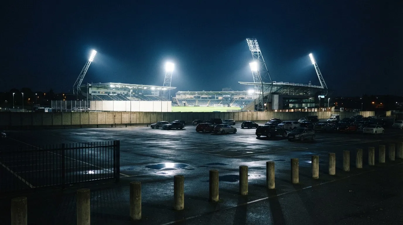 Ein Stadion unter Flutlicht von weitem betrachtet, davor ein stiller Platz bei Dunkelheit und feuchtem Asphalt.