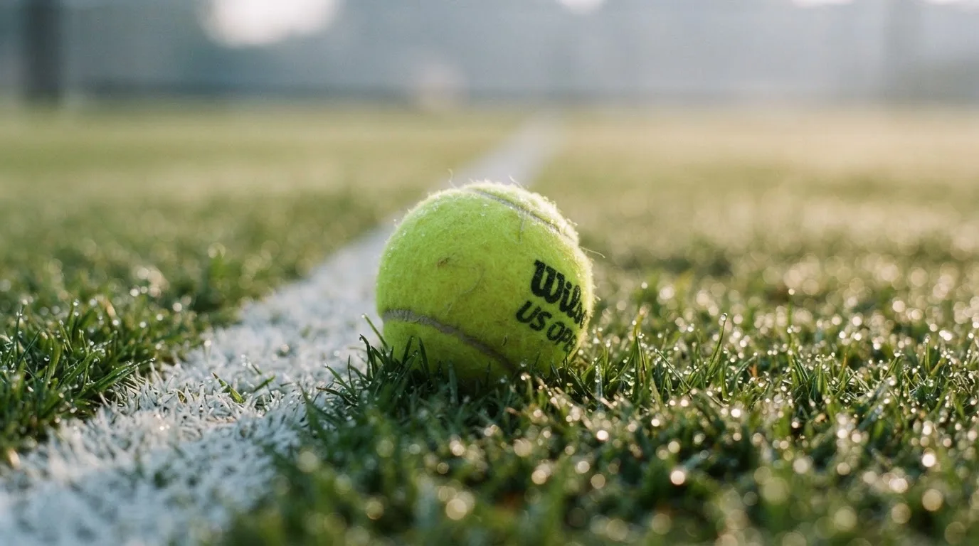 Ein Tennisball liegt auf frisch gemähtem Gras neben einer weißen Linie, Tautropfen glänzen im Gegenlicht.