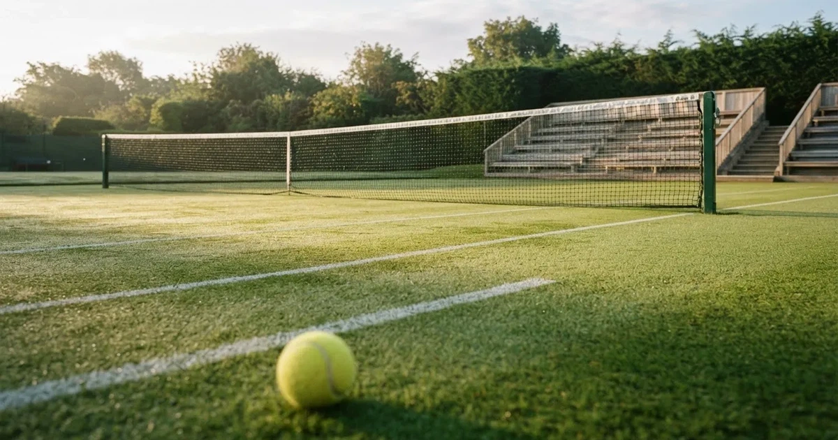 Ein Tennisplatz mit Rasenbelag im Morgenlicht, Netz und weiße Linien, im Hintergrund eine ruhige Tribüne.