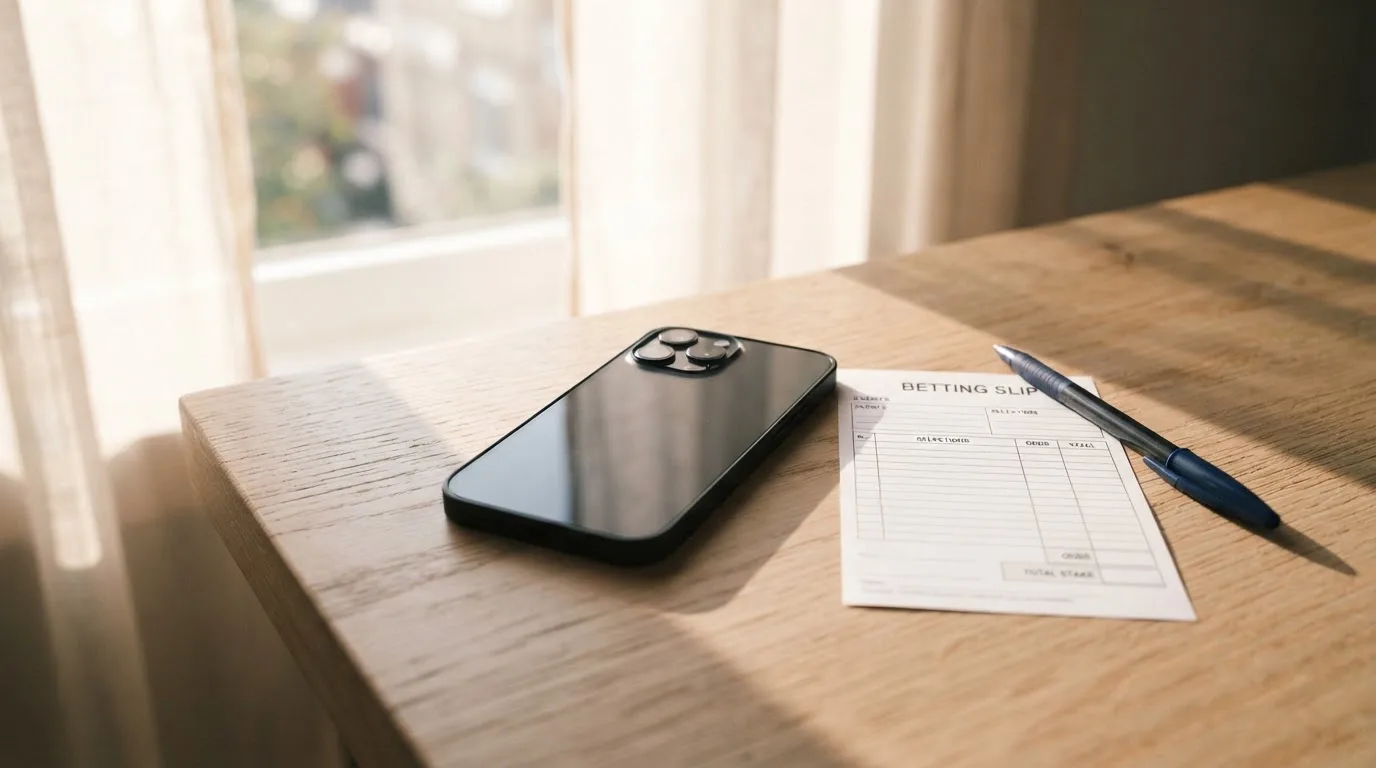 Ein Smartphone mit dunklem Display liegt neben einem leeren Papier-Wettschein auf einem Tisch am Fenster.