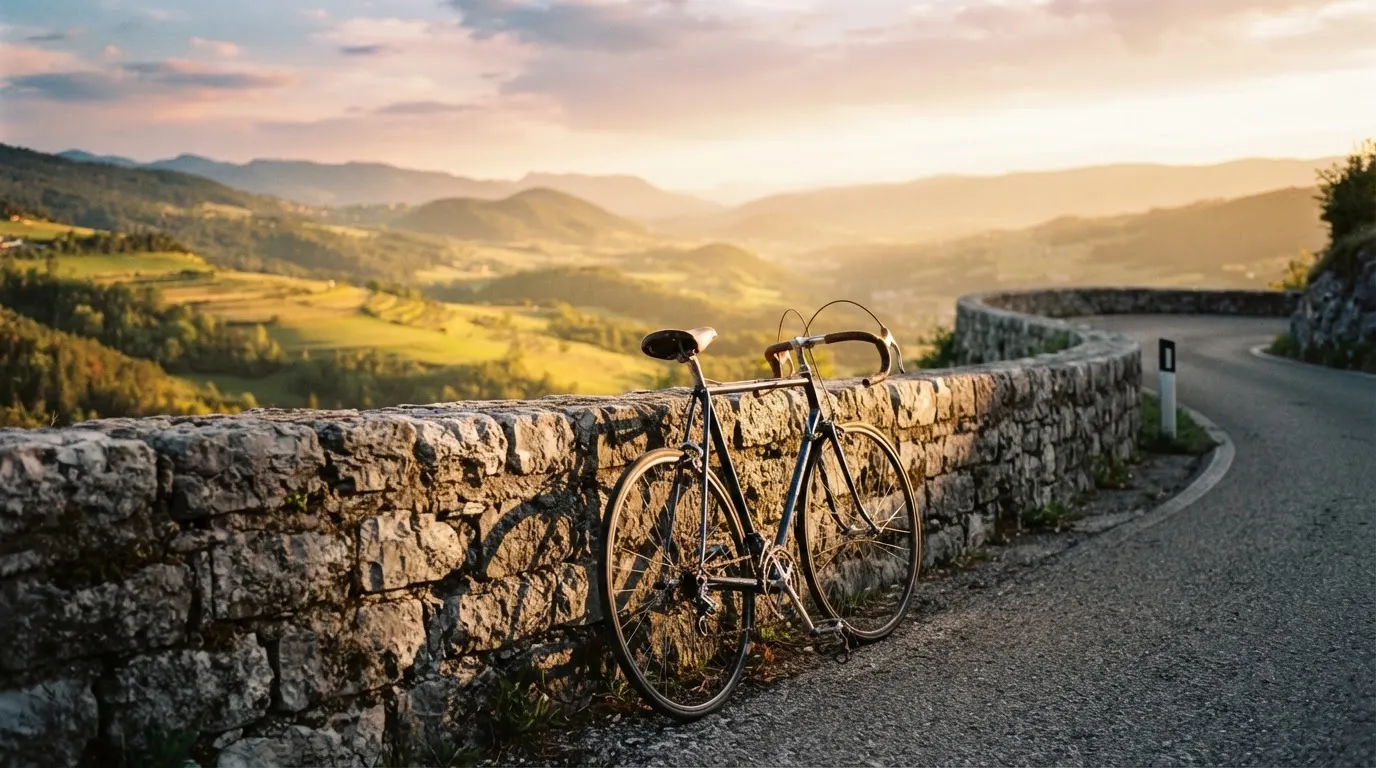 Ein Rennrad lehnt an einer Steinmauer in einer Bergkurve, im Hintergrund eine weite Hügellandschaft im Gegenlicht.