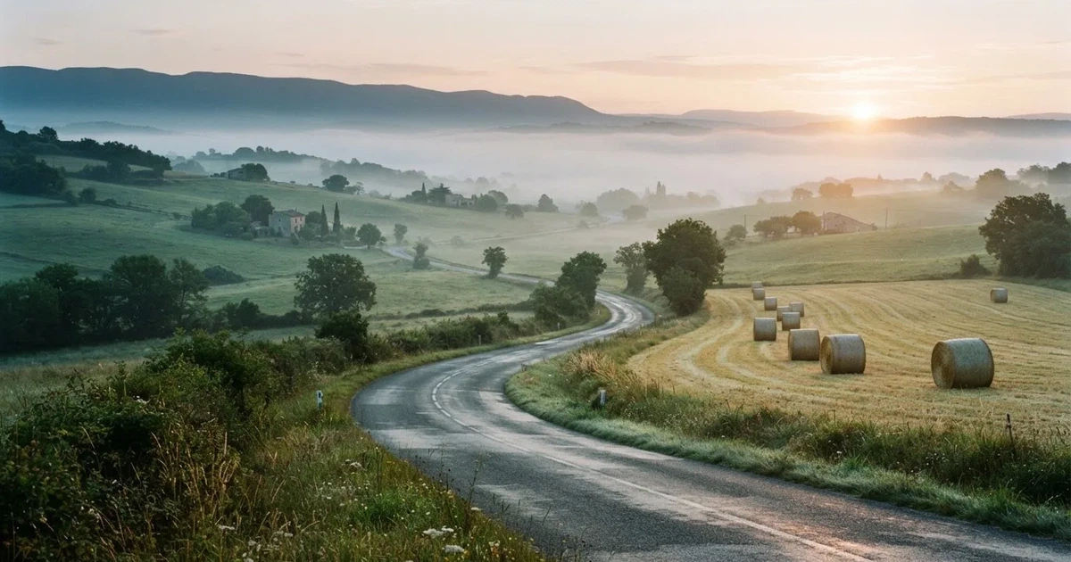 Eine Landstraße schlängelt sich durch Hügel im Morgennebel, am Straßenrand liegen Heuballen auf einem abgemähten Feld.