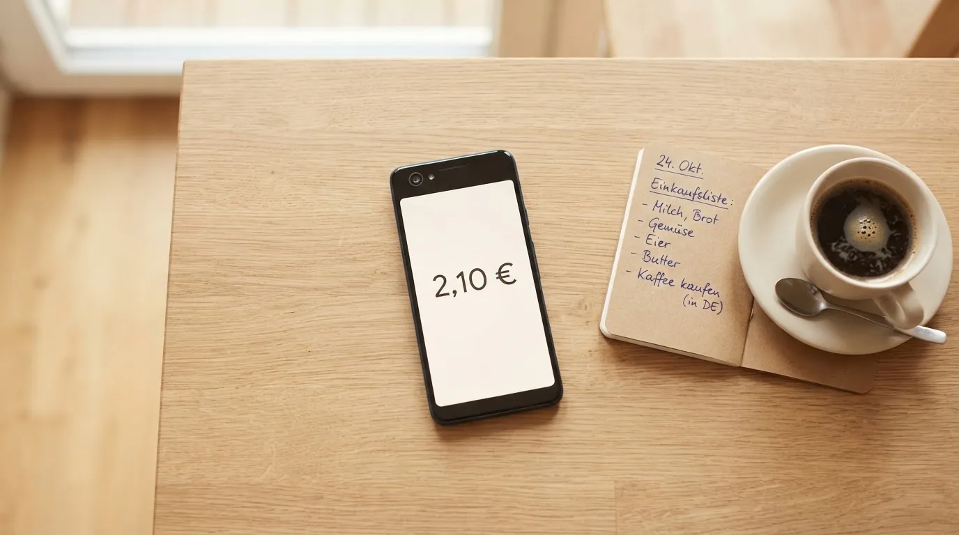 Ein Smartphone liegt auf einem Tisch neben einem Notizbuch mit handschriftlichen Notizen und einer Tasse Kaffee.
