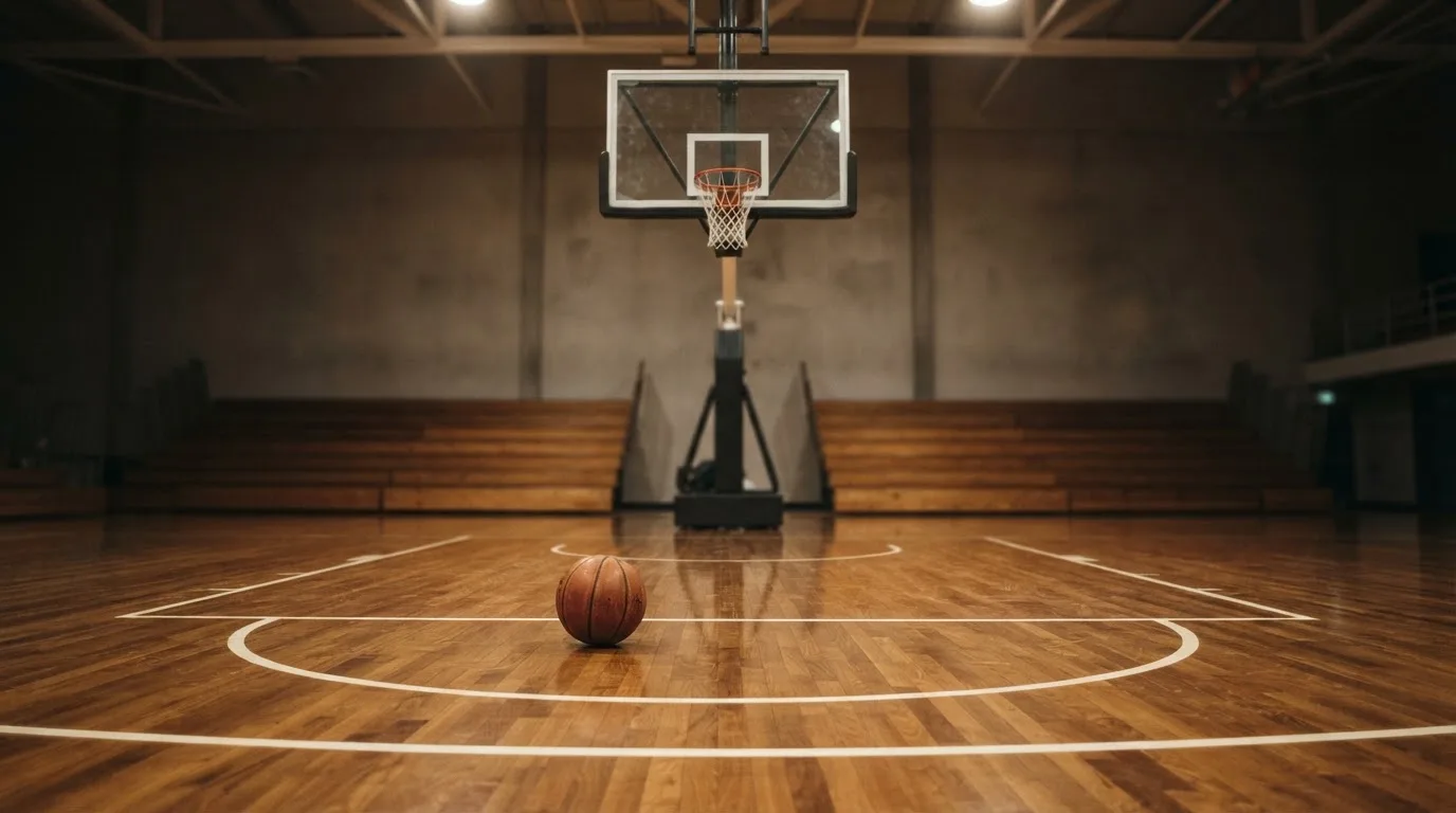 Ein Basketballkorb in einer leeren Halle, der Ball liegt unter dem Brett auf dem Parkett.