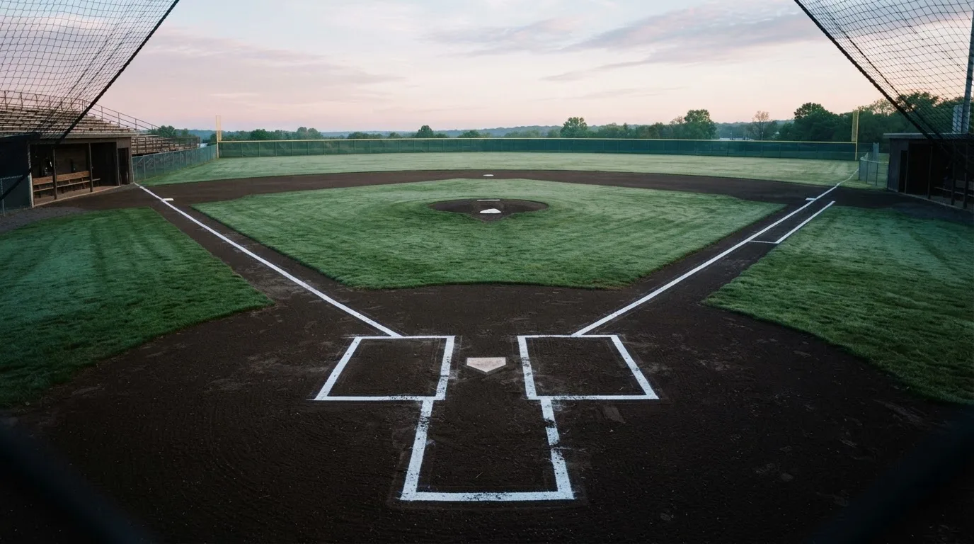 Ein Baseballfeld mit leerem Infield im Morgenlicht, die Linien frisch gezogen, keine Spieler im Bild.