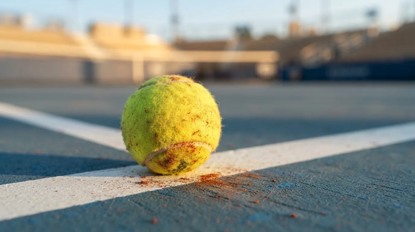 Ein Tennisball liegt in Nahaufnahme auf einer Grundlinie, dahinter verschwimmt ein leerer Platz in warmem Licht.