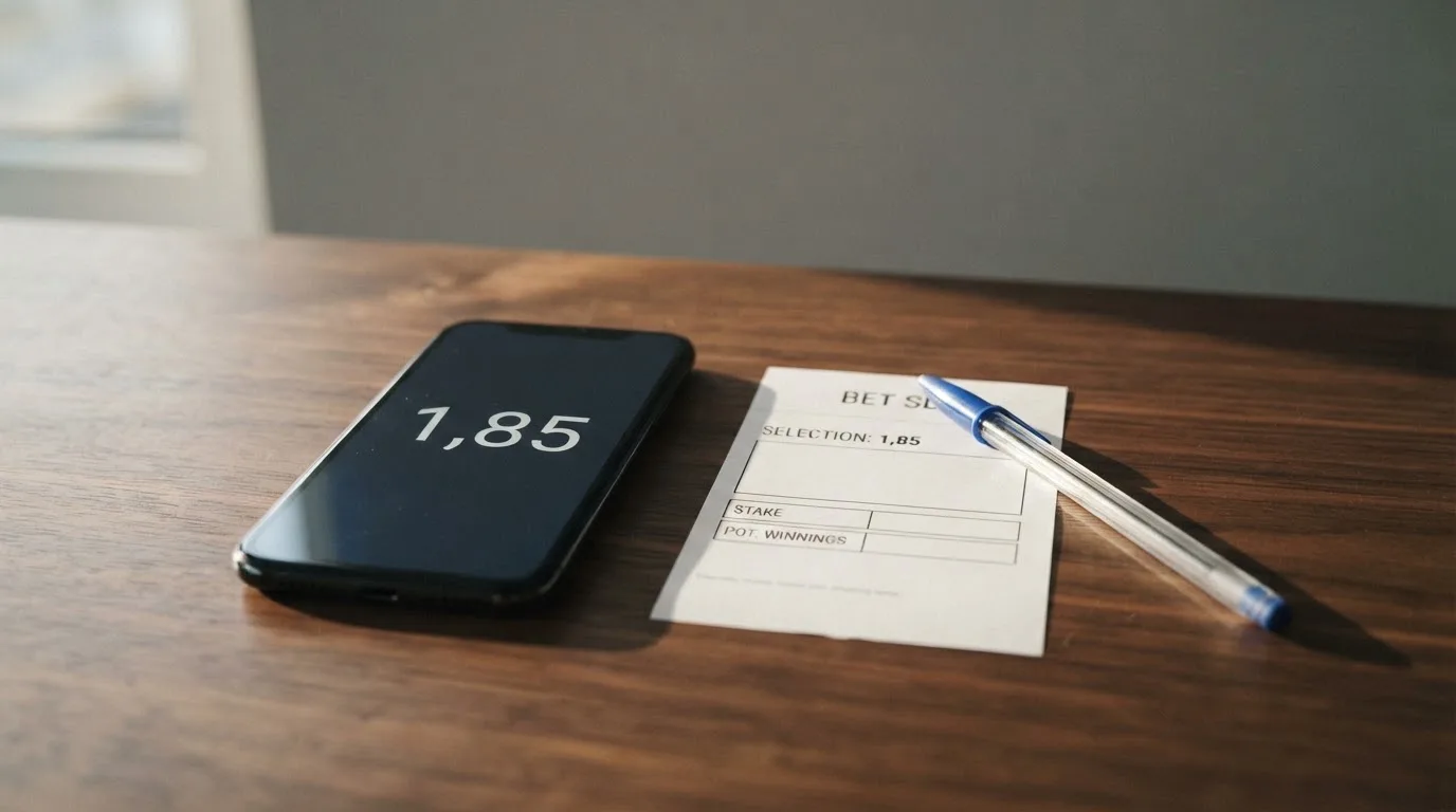 Ein Smartphone mit dunklem Display liegt neben einem leeren Papier-Wettschein auf einem Tisch, Licht fällt von der Seite.