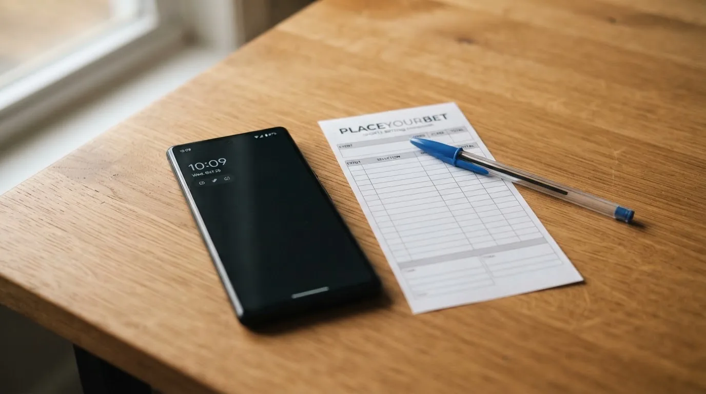 Ein Smartphone liegt mit dunklem Display neben einem leeren Papier-Wettschein und einem Stift auf einem Holztisch.
