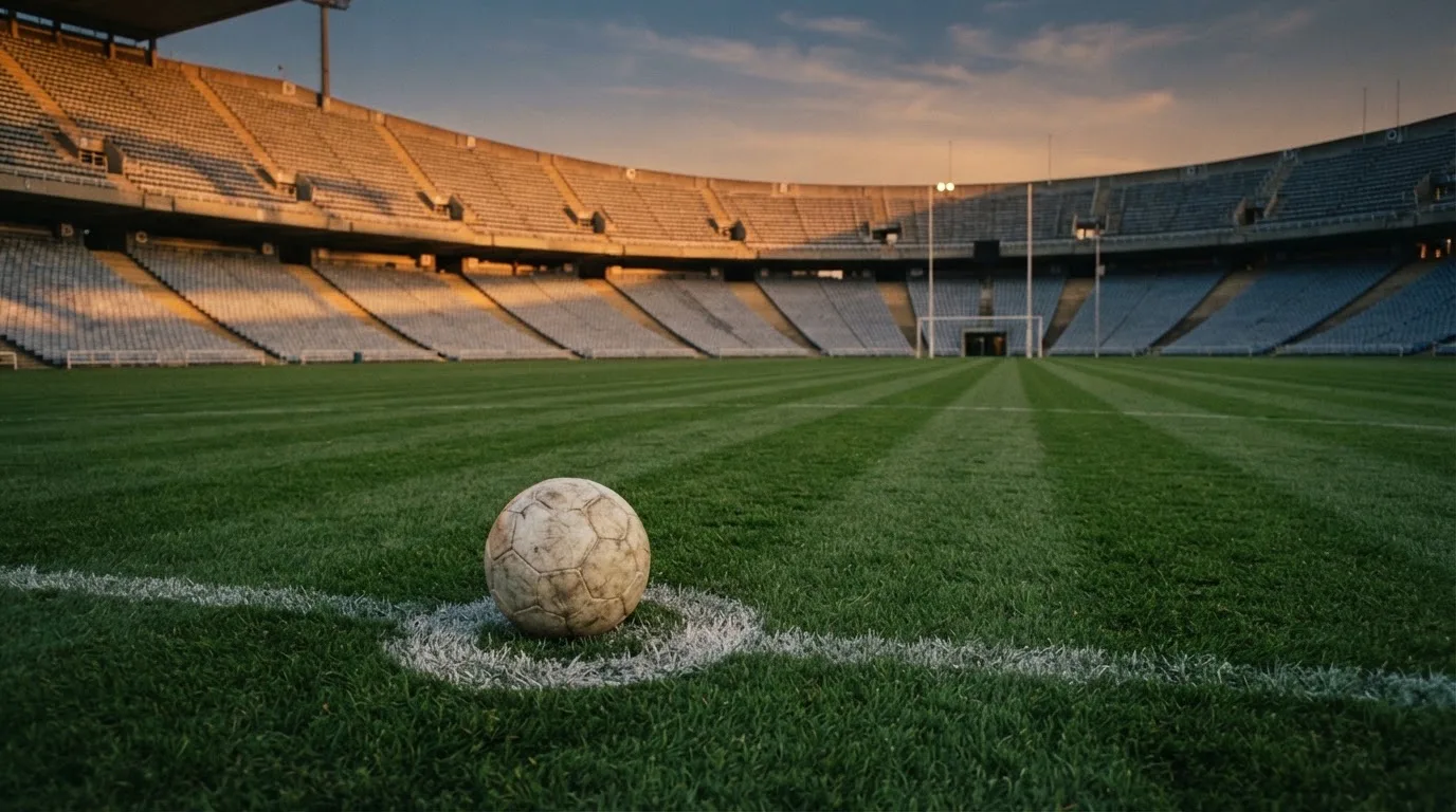 Ein Fußball liegt auf dem Anstoßpunkt eines Rasenplatzes, dahinter eine leere Tribüne im Abendlicht.
