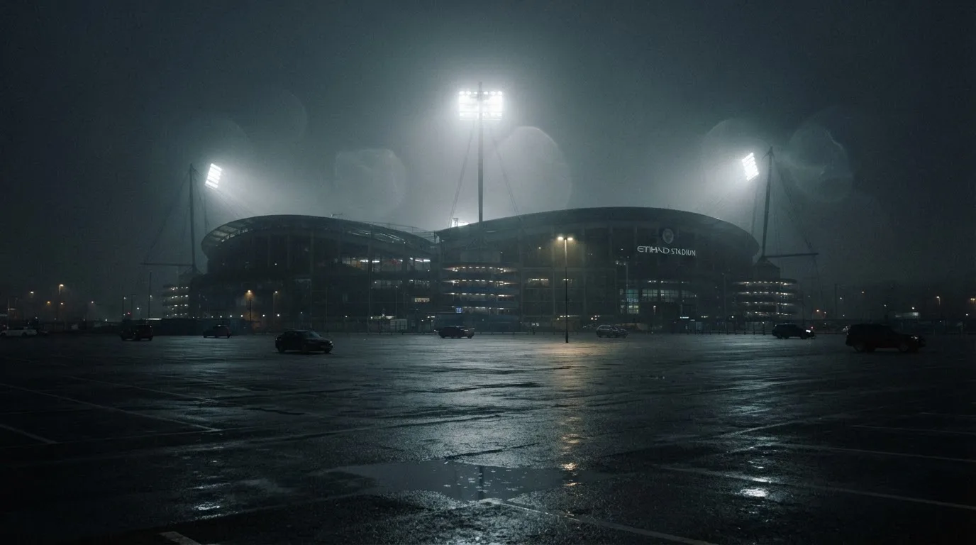 Ein Stadion unter Flutlicht aus der Ferne gesehen, davor ein stiller Parkplatz bei Nebel.