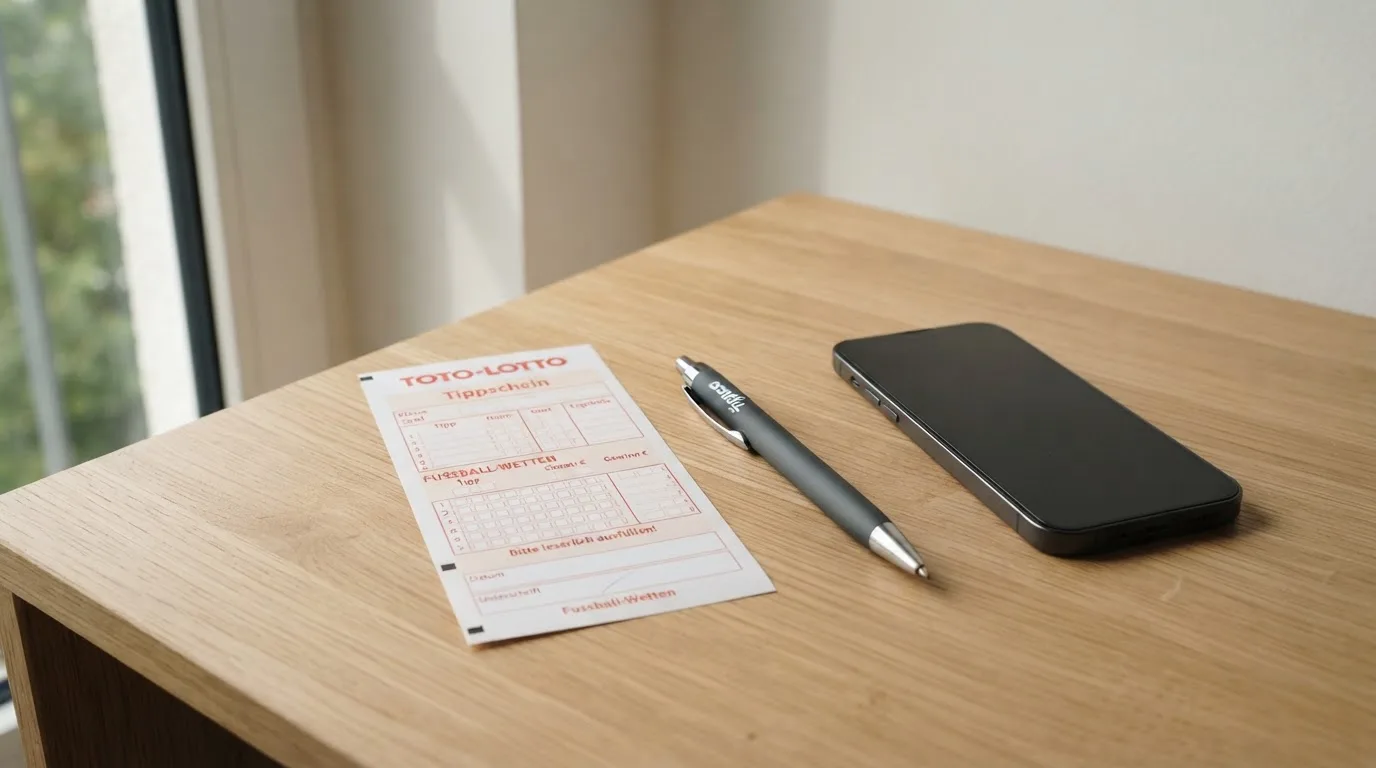 Ein leerer Papier-Wettschein und ein Kugelschreiber liegen neben einem Smartphone mit dunklem Display auf einem Schreibtisch am Fenster.