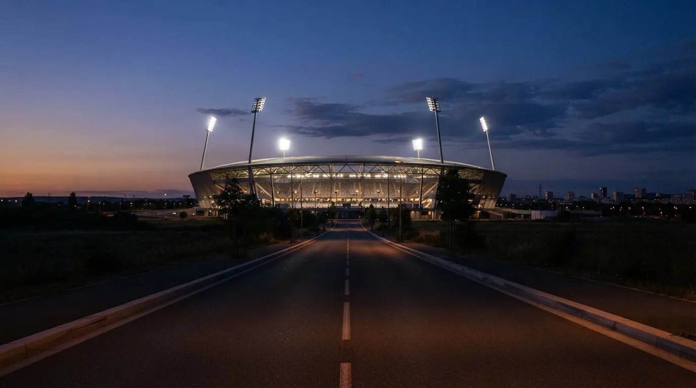 Ein Stadion unter Flutlicht aus großer Entfernung, davor eine leere Straße in der Abenddämmerung.