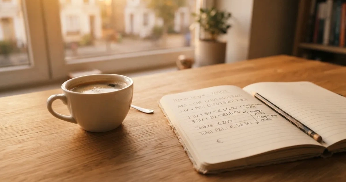 Eine Kaffeetasse, ein Notizbuch mit handschriftlichen Notizen und ein Bleistift auf einem hellen Schreibtisch am Morgen.