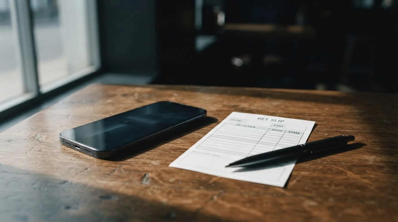 Ein Smartphone mit dunklem Display liegt neben einem leeren Papier-Wettschein auf einem Holztisch, Licht fällt von der Seite.