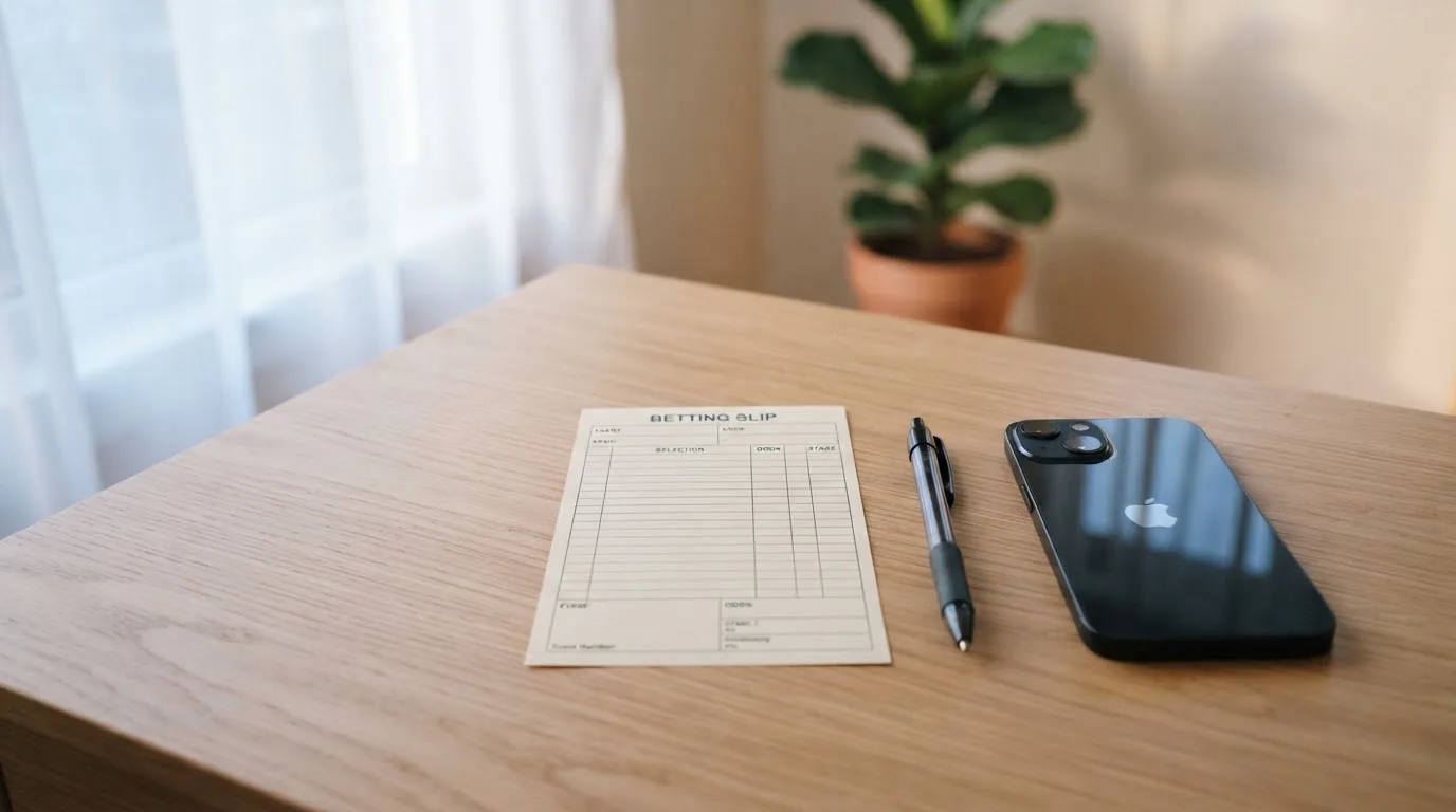 Ein leerer Papier-Wettschein und ein Kugelschreiber liegen neben einem Smartphone mit dunklem Display auf einem Schreibtisch am Fenster.