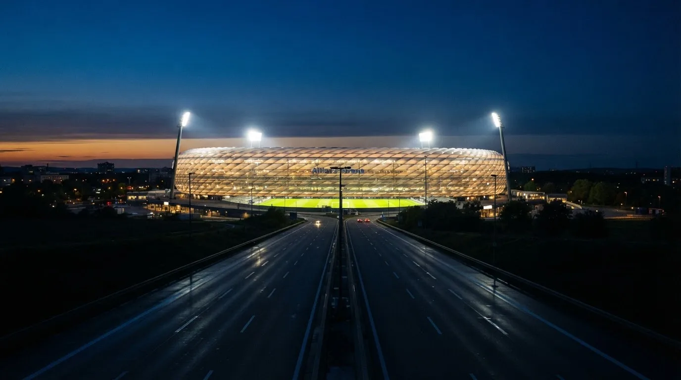 Ein Stadion unter Flutlicht aus großer Entfernung, davor eine leere Straße in der Abenddämmerung.